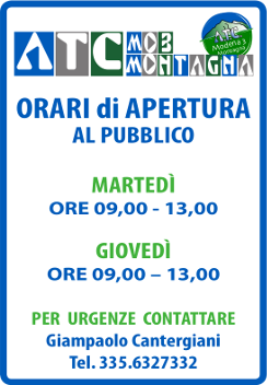 Orari di apertura al pubblico: <br> MARTEDÌ : 09,00 - 13,00 <br> GIOVEDÌ : 09,00 - 13,00